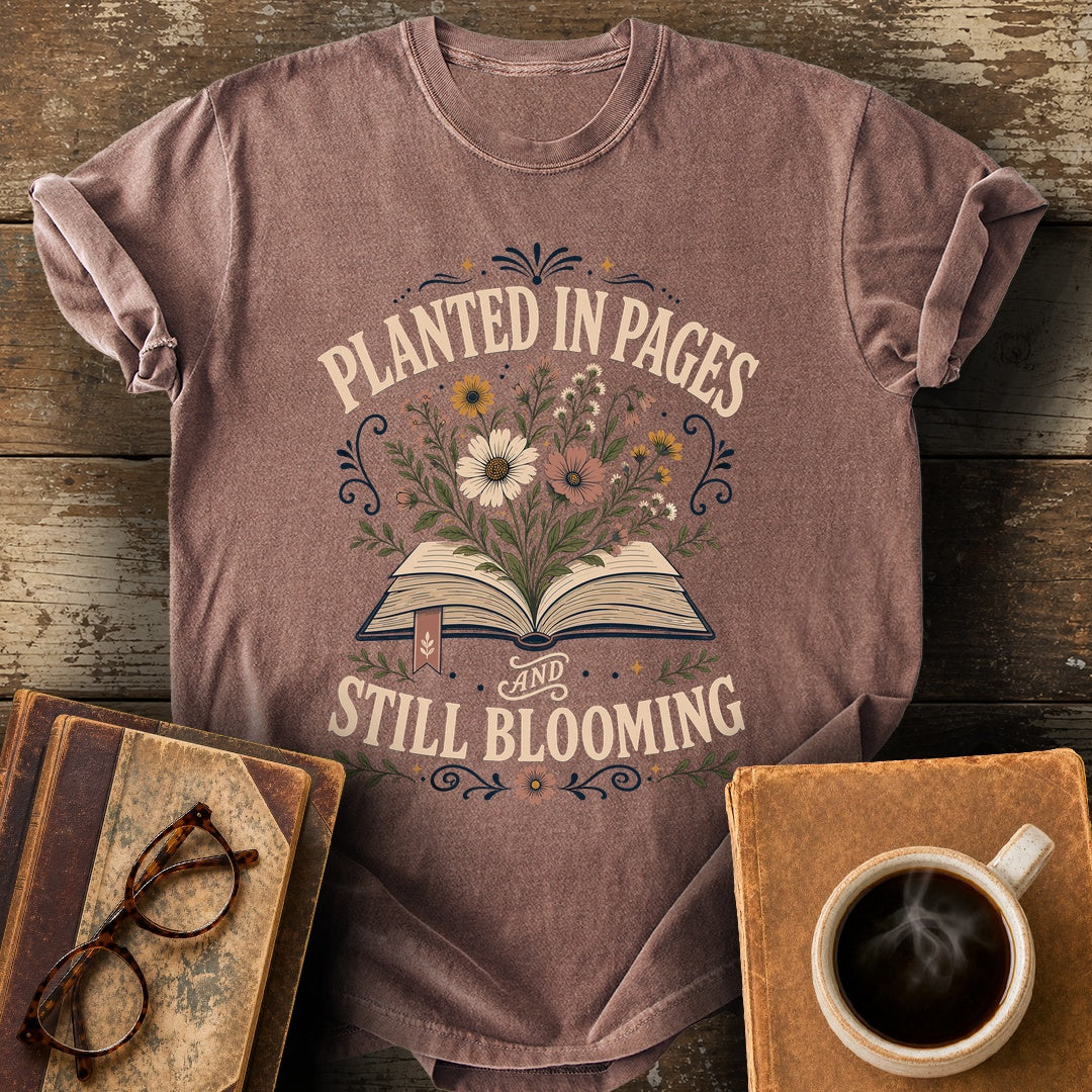 Planted in Pages and Still Blooming Tee - espresso shirt mockup